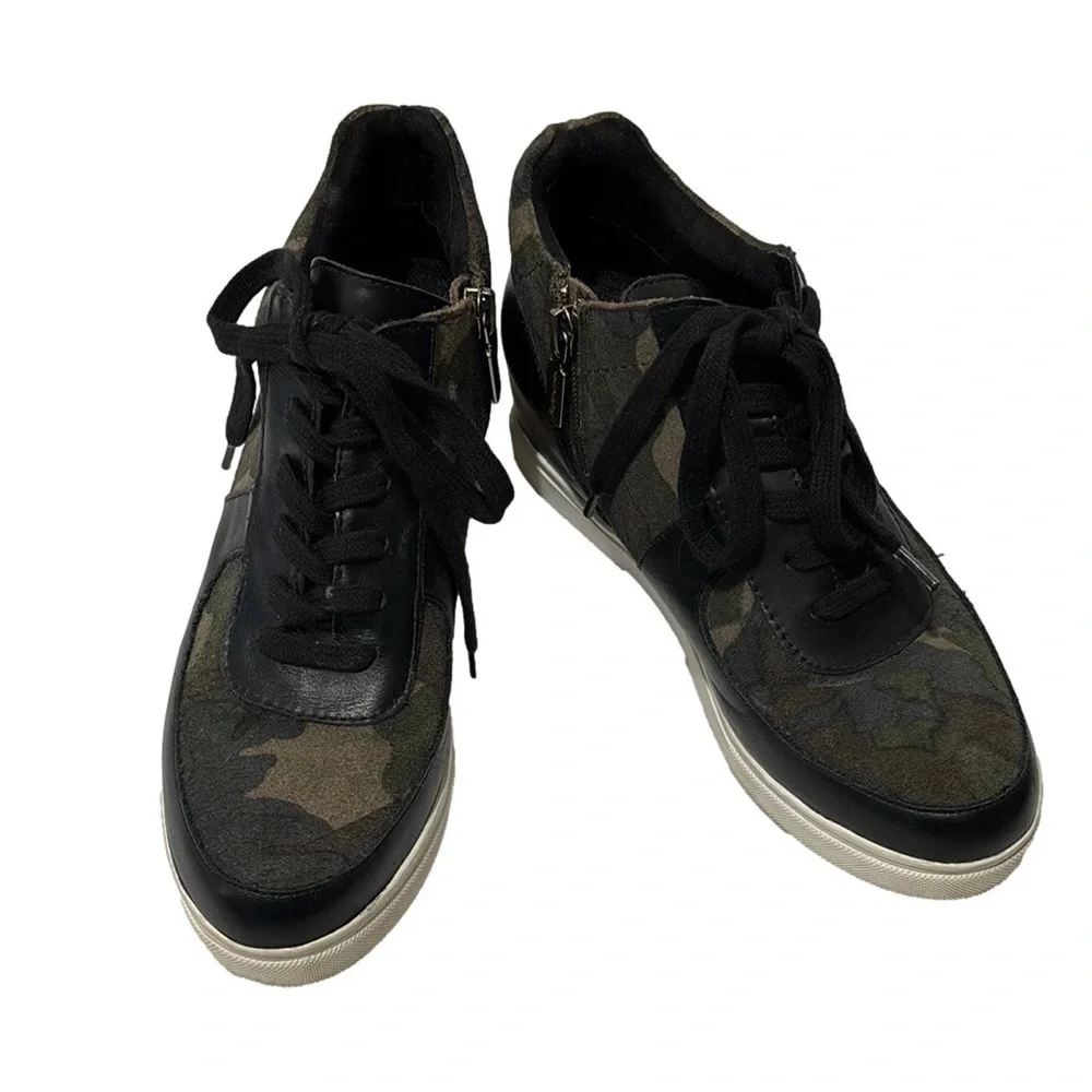 Blonde Goldy Wedge Sneakers, Size 7M, Camouflage & Black